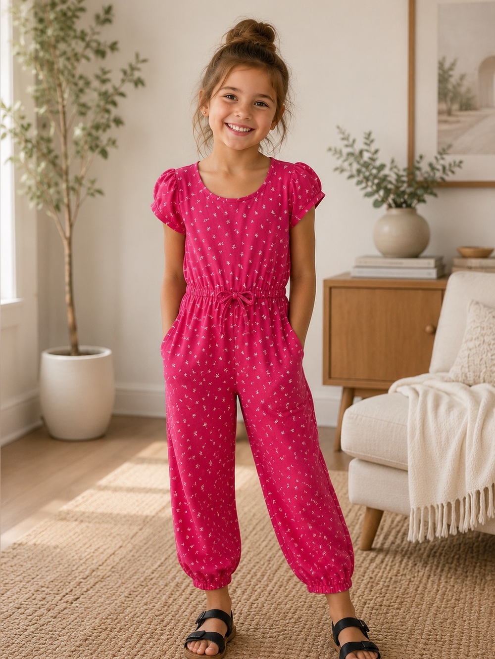 Picapino Girls Pink Ditsy Floral Print Harem-Style Jogger Jumpsuit Romper Boho 7